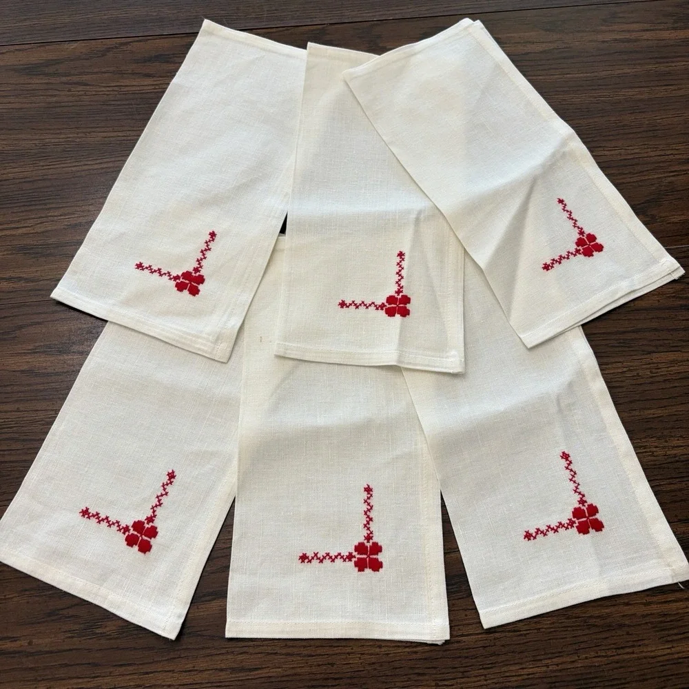 Vintage Cross Stitch Linen Tablecloth Napkin Set Red Black Folk Art Farmhouse